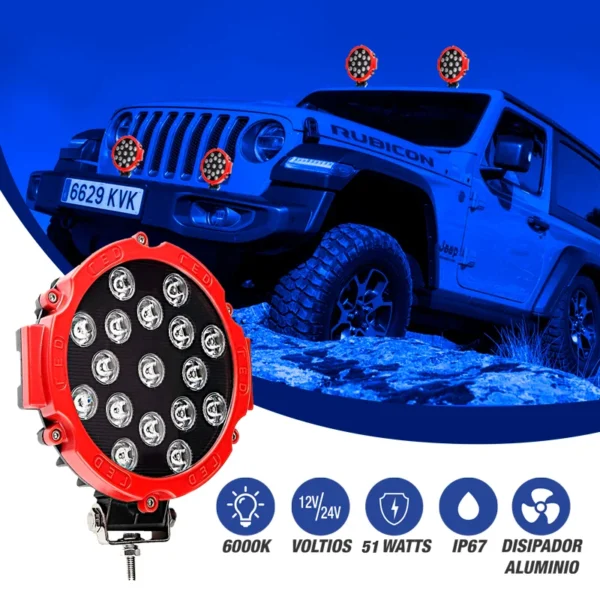 Faro Led Circular Aro Rojo 12/24V 54W Blanco - Image 3